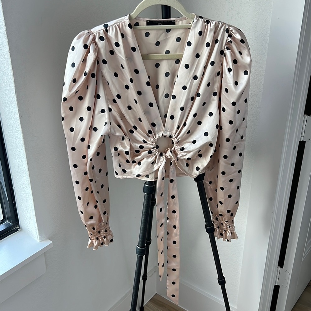 Pink and black polka dot satin crop top
